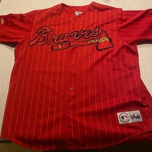 90s Vintage Majestic Atlanta Braves Pin Stripe Red Jersey Buttons Logo Men’s XL